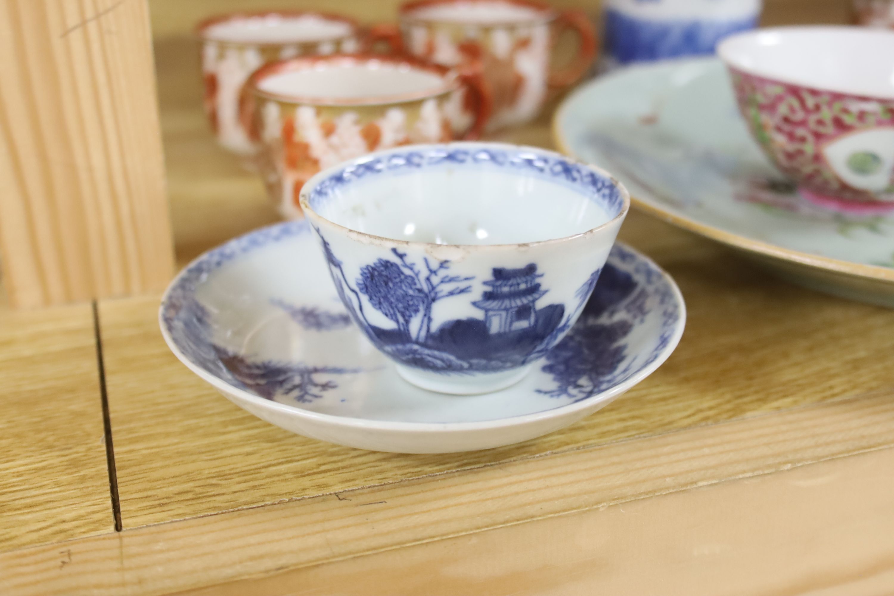 A Chinese blue and white dragon vase, a celadon glazed dish, a blue and white tea bowl and saucer and Kutani wares